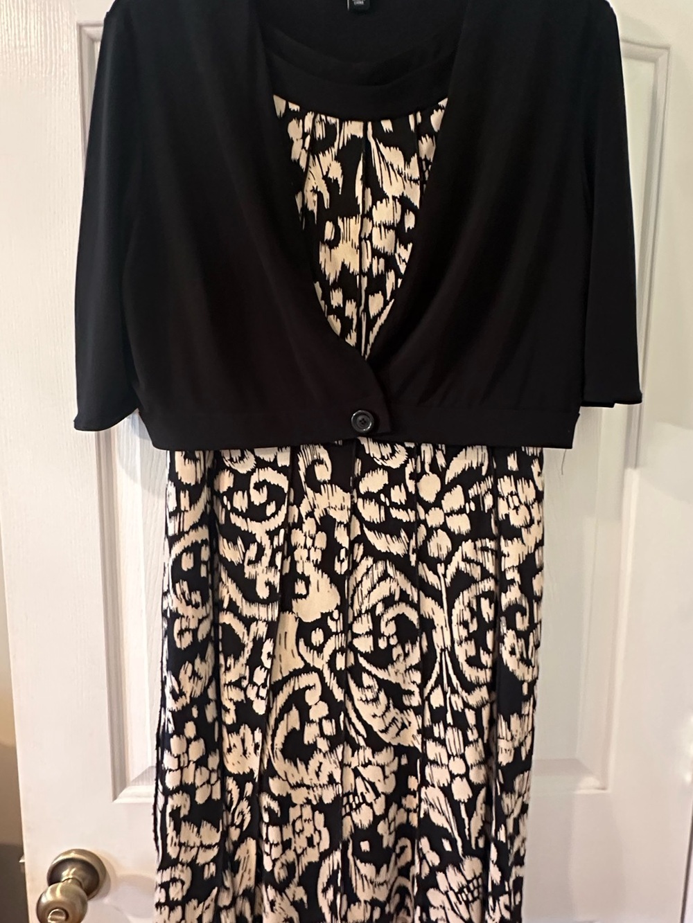 Perceptions New York Black and Tan Printed Dress with Black Cropped Black Jacket